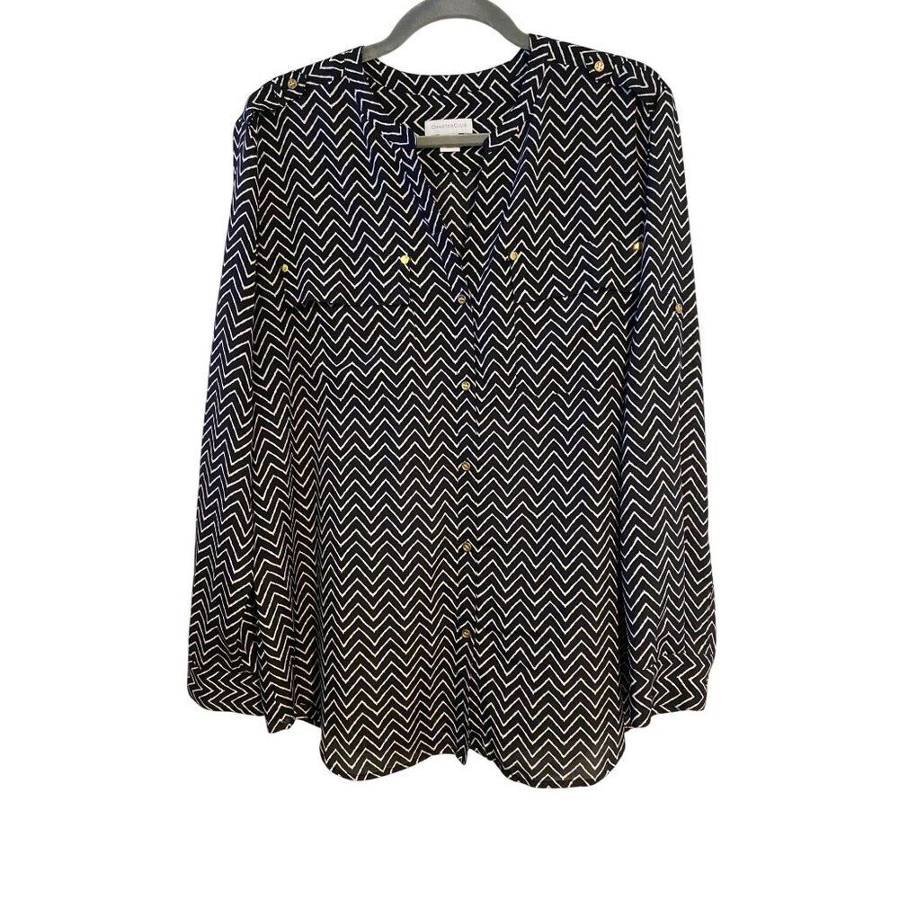 Charter Club Women’s XL Blouse Black & White Chevron Button-Down Career Church